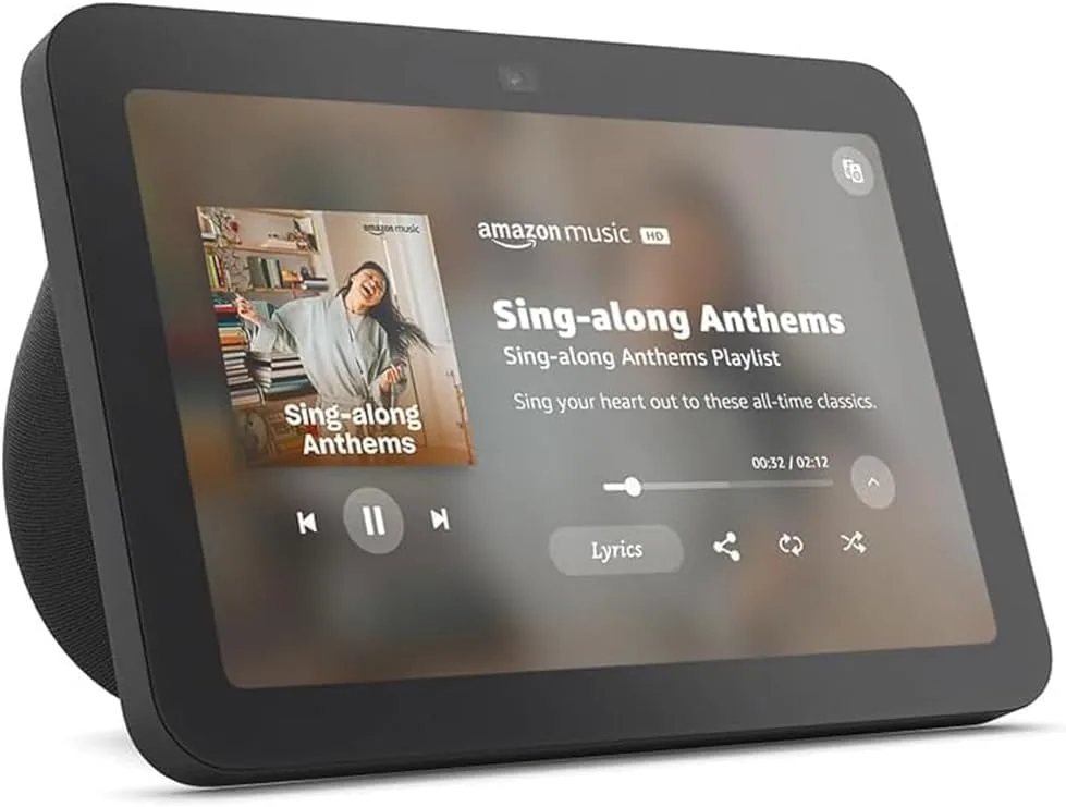 A close view of the Echo Show 8 speaker grille and tiltable screen