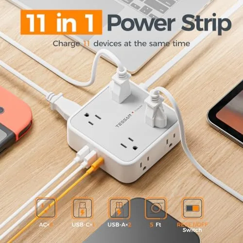 Close up of the three USB ports on the TESSAN power strip including the USB C port