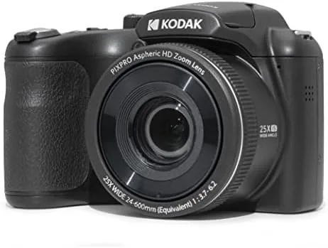The KODAK PIXPRO AZ255 camera with its long zoom lens extended on a table