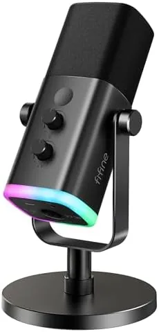 FIFINE AmpliGame AM8 dynamic microphone on its desktop stand with RGB lighting on