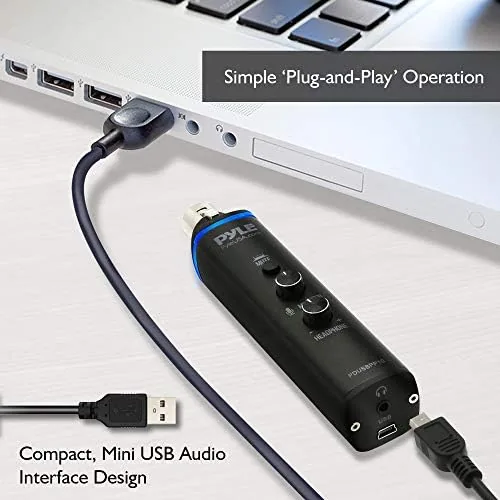 The Pyle adapter connected to a Windows laptop showing the USB audio device recognized