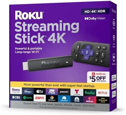 The compact Roku Streaming Stick 4K plugged into the HDMI port of a television
