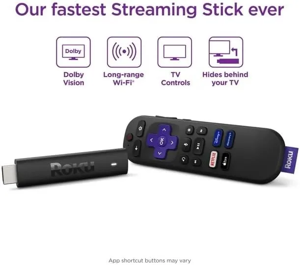 Close up of the Roku Streaming Stick 4K with the voice remote resting beside it