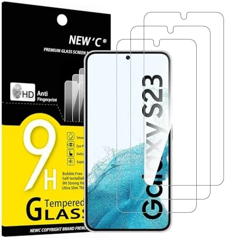 Three NEW'C tempered glass screen protectors for the Galaxy S23 laid out with the box