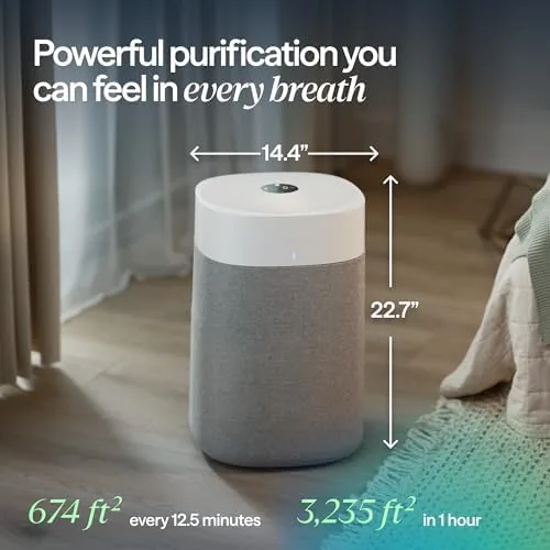 The Blue Pure 211i Max display showing air quality while cooking in the kitchen nearby
