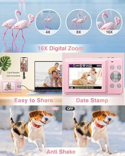 The Lecran kids camera next to a toy camera and a compact camera