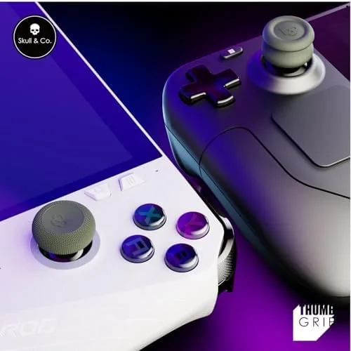 Steam Deck OLED with black Skull and Co. thumb grips installed