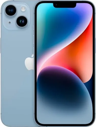 The blue iPhone 14 standing upright showing the display and rear camera