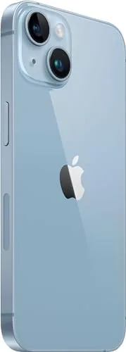 The dual camera module on the back of the blue iPhone 14