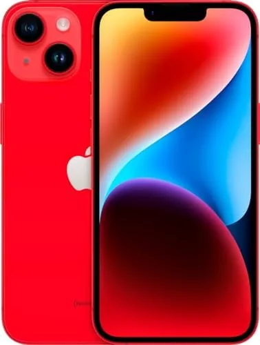 The red iPhone 14 lying on a table with the camera module toward the viewer