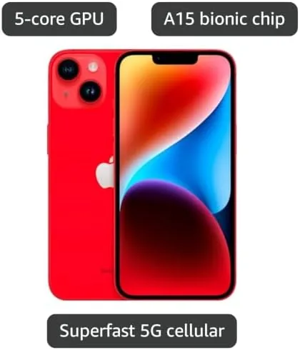 The red iPhone 14 displaying the Home app with smart lights and a lock