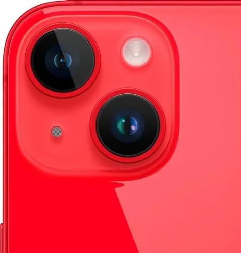 A smart home scene with the red iPhone in the foreground and a lamp in the background