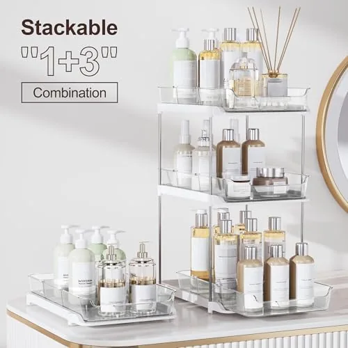 The organizer installed under a bathroom sink with toiletries in the drawer