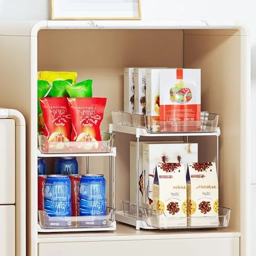 The second organizer stacked in a pantry holding spices and snacks