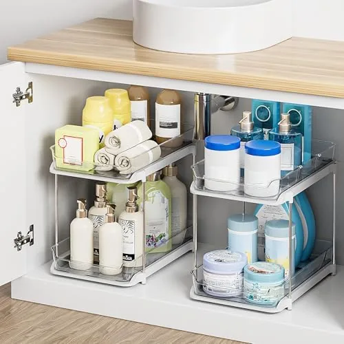 The Delamu organizer next to a rolling cart and a shelf riser for comparison