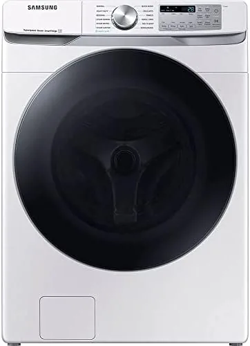 White Samsung front load washer installed in a laundry room