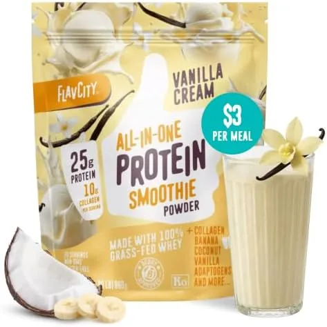 FlavCity vanilla protein tub with a shaker bottle and scoop