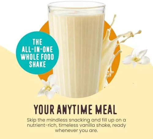 Scoop of vanilla protein powder next to the open tub