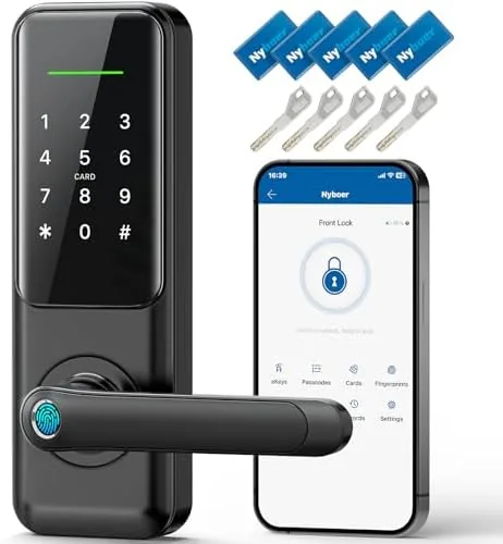 Smart keypad door lock installed on a front door with handle