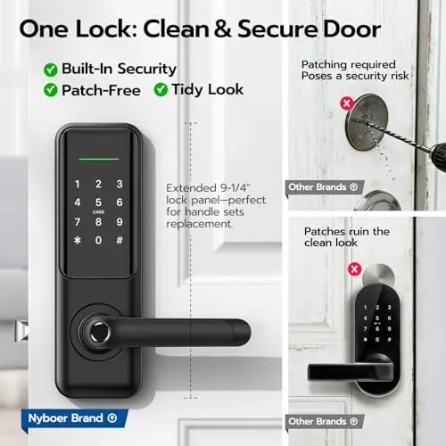 Hand using the fingerprint reader to unlock the door