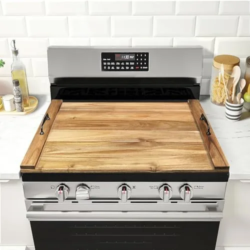 Acacia wood stove cover sitting over a gas range