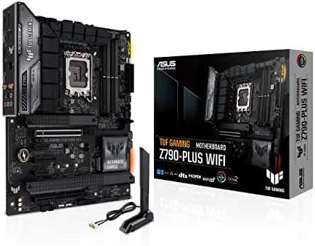ASUS TUF Gaming Z790-Plus WiFi motherboard on a bench showing the socket and VRM area
