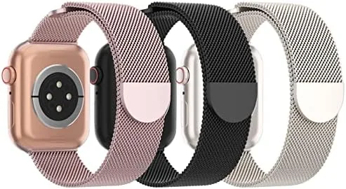 The three mesh metal bands laid out flat showing the three color finishes
