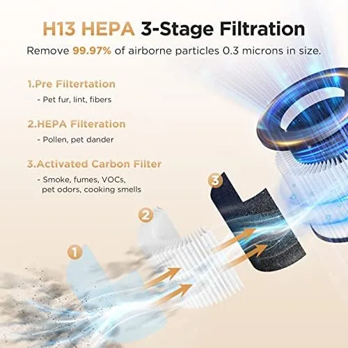 The air purifier running with the filter light on and the display showing the setting