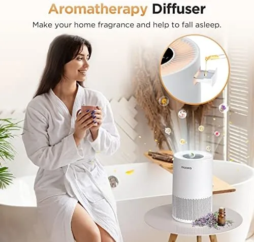 The purifier running in a bedroom at night with the soft light on the panel