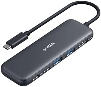 Anker 332 5-in-1 USB-C hub in black connected to a laptop card