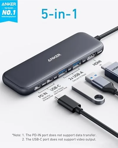 Anker 332 hub showing the 4K HDMI and data ports on the side