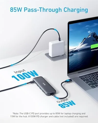 Anker 332 hub connecting a USB-C laptop to a 4K monitor on a desk