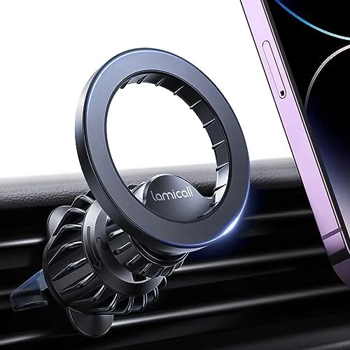 The Lamicall MagSafe vent mount held in a hand showing its compact round face