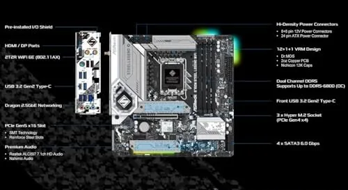 Rear IO panel with WiFi antenna, USB ports, and Ethernet