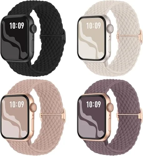 The four braided stretchy bands laid out next to an Apple Watch