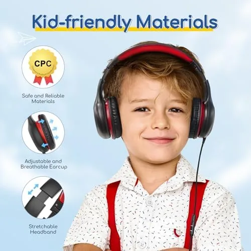 Child wearing the headphones while reading on a tablet