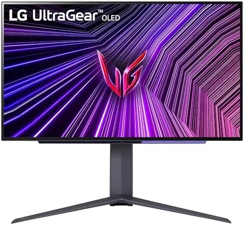 LG 27 Ultragear OLED monitor on a desk with a game on screen