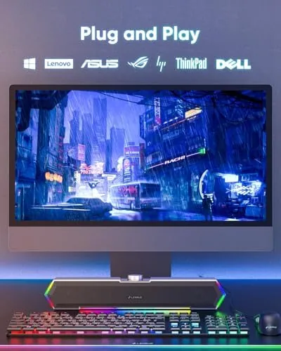 Another view of the LENRUE G11 Computer Speakers for Desktop, Touch Lights PC Speakers