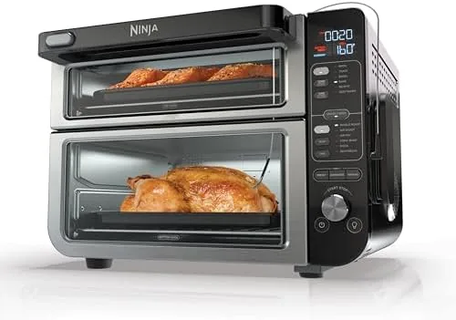 The Ninja DCT451 double oven on a kitchen counter with both doors closed