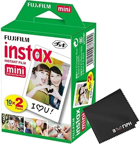 Two sealed Fujifilm Instax Mini film packs with the included cloth
