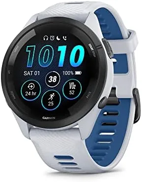 Garmin Forerunner 265 in Whitestone and Tidal Blue showing a bright AMOLED watch face