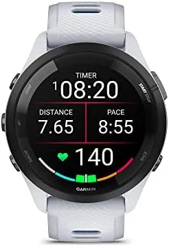 Close view of the Forerunner 265 watch face showing training readiness and heart rate data