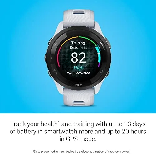 The Forerunner 265 showing the music player screen with Bluetooth earbuds nearby