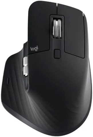 Logitech MX Master 3S ergonomic mouse in black on a mouse mat