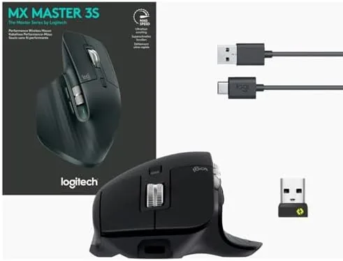 Logitech MX Master 3S with the Logi Options+ app on a monitor