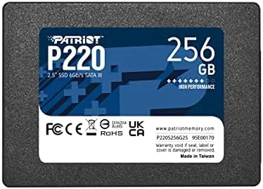 The Patriot P220 256GB SSD held next to a laptop bay