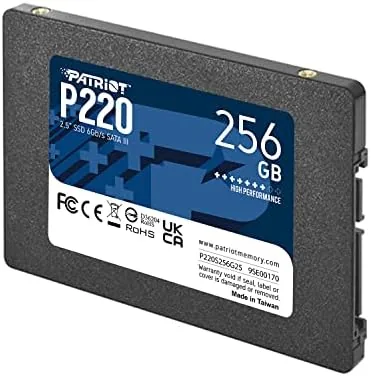 Close view of the Patriot P220 SSD casing and SATA connectors