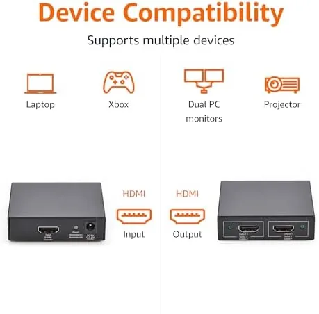 Detail shot of the Amazon Basics HDMI Splitter 1 in 2 Out for Dual features