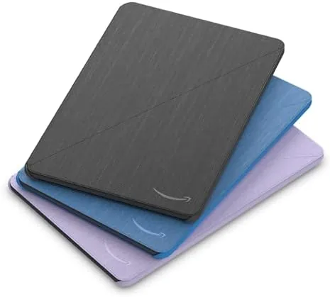 Fire HD 10 cover open on a desk with the stand deployed in typing position
