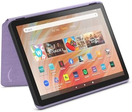 Fire HD 10 in the Lilac protective cover, closed, on a bright table